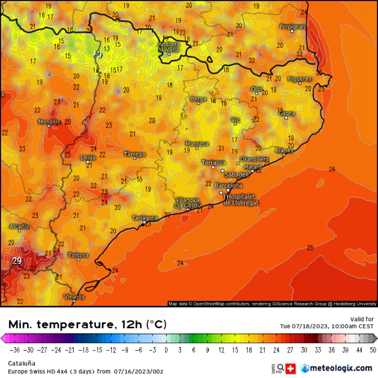 El martes por la noche costará mucho dormir: no solo en la costa, en el interior, la temperatura tampoco bajará mucho de los 25 °C / meteologix.com