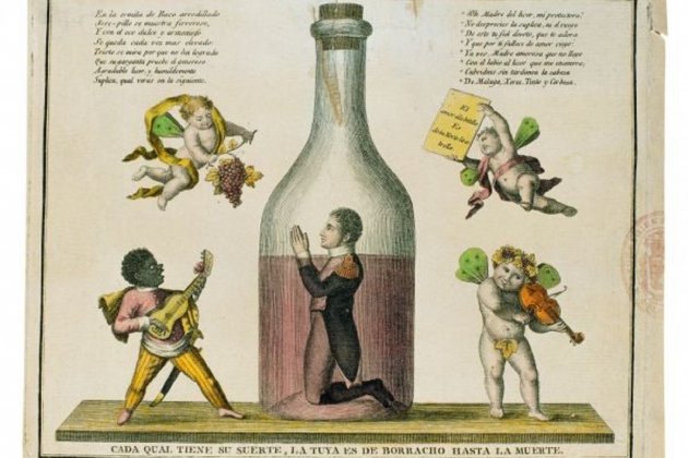 Caricatura española que representa Josep y una citado en el pie referida a la pretendida condición alcohólica del rei(1808). Fuente Wikimedia Commons