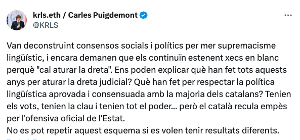 Piulada Puigdemont TSJC catala escola girona