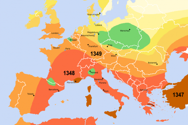 Mapa de l'afectació de la Pesta Negra. Font Wikipedia Deustchland