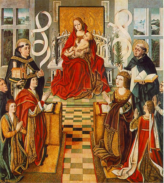 Representación de la Madre de Diez de los Reyes Católicos. En|A la izquierda Felipe y su primer heredero Joan. Y a la derecha Isabel. Fuente Museo del Prado