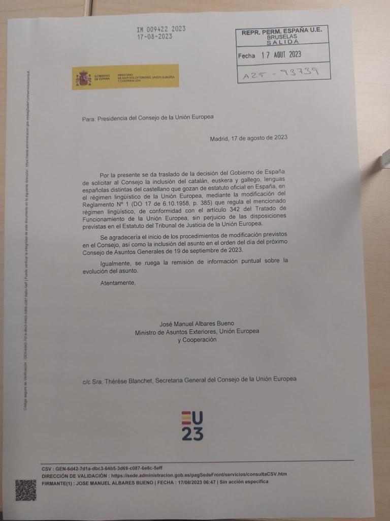 documento solicitud albares oficialidad catalán Unión Europea