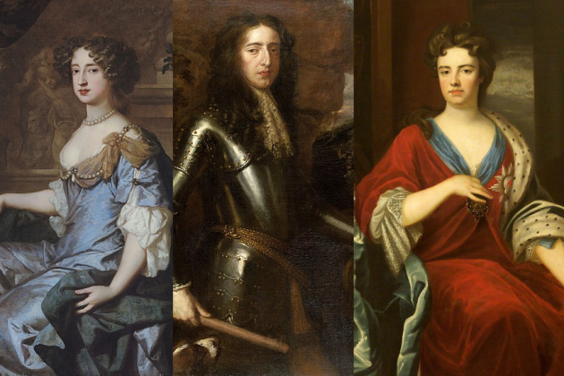 La família paterna de Berwick. Les seves germanes Maria II i Anna I, i el seu cunyat Guillem III.  Font Wikimedia, Museu Reial de la Haia i National Trust, Londres
