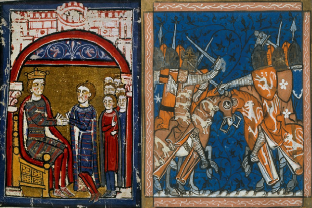 Pedro I y sus vasallos occitanos y Simó de Montfort y su host de mercenarios. Fuente Archivo de la Corona de Aragón y Bristish Library