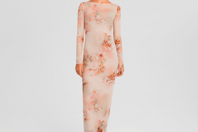 Vestit llarg màniga llarga tul print floral Vestit llarg màniga llarga tul print floral