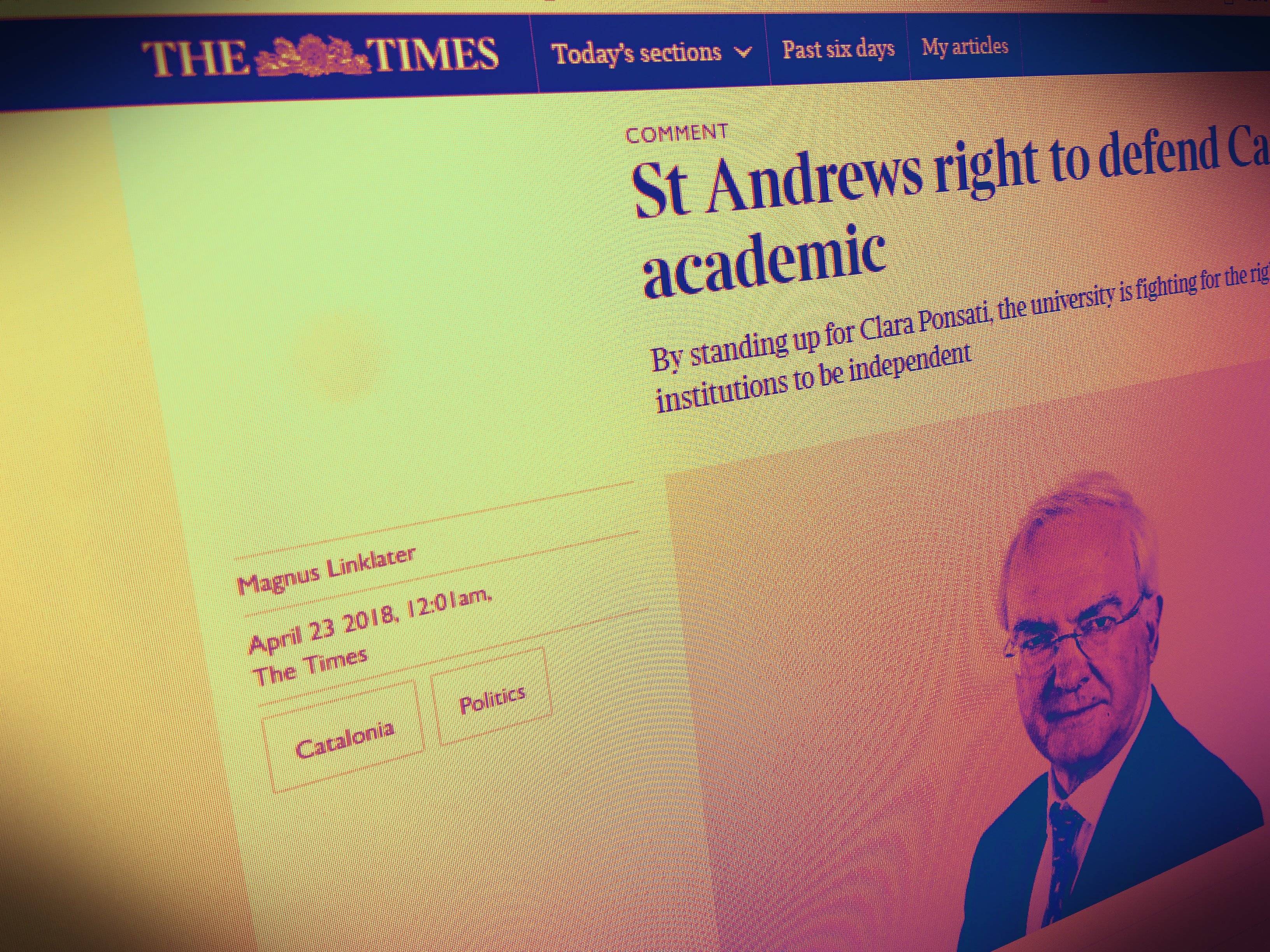 St Andrews té "tot el dret de defensar Ponsatí", escriu Linklater a 'The Times'
