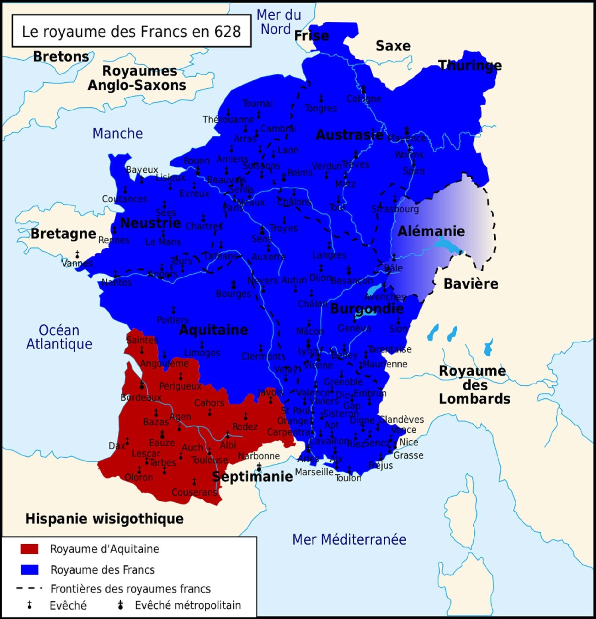 Mapa contemporáneo de los reinos de los francos y de los aquitanos (siglo VII). Fuente Cartas Historiques de la France