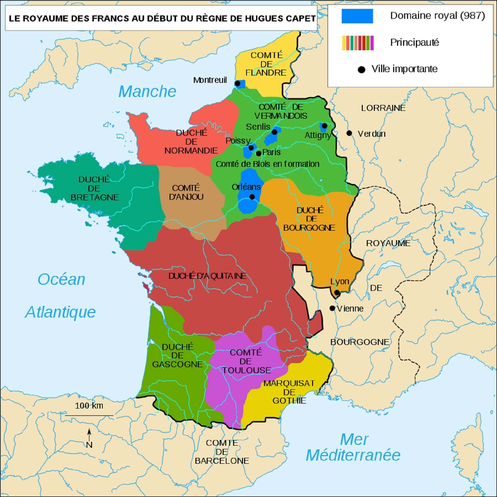 Mapa contemporáneo del reino de frança en torno al año 1000. Fuente Cartas Históricas de France