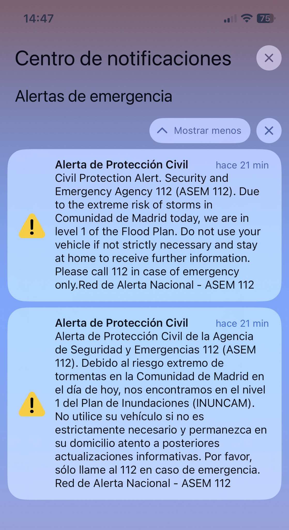 Un estrident missatge d'alerta pel temporal enviat als mòbils causa ensurts a Madrid