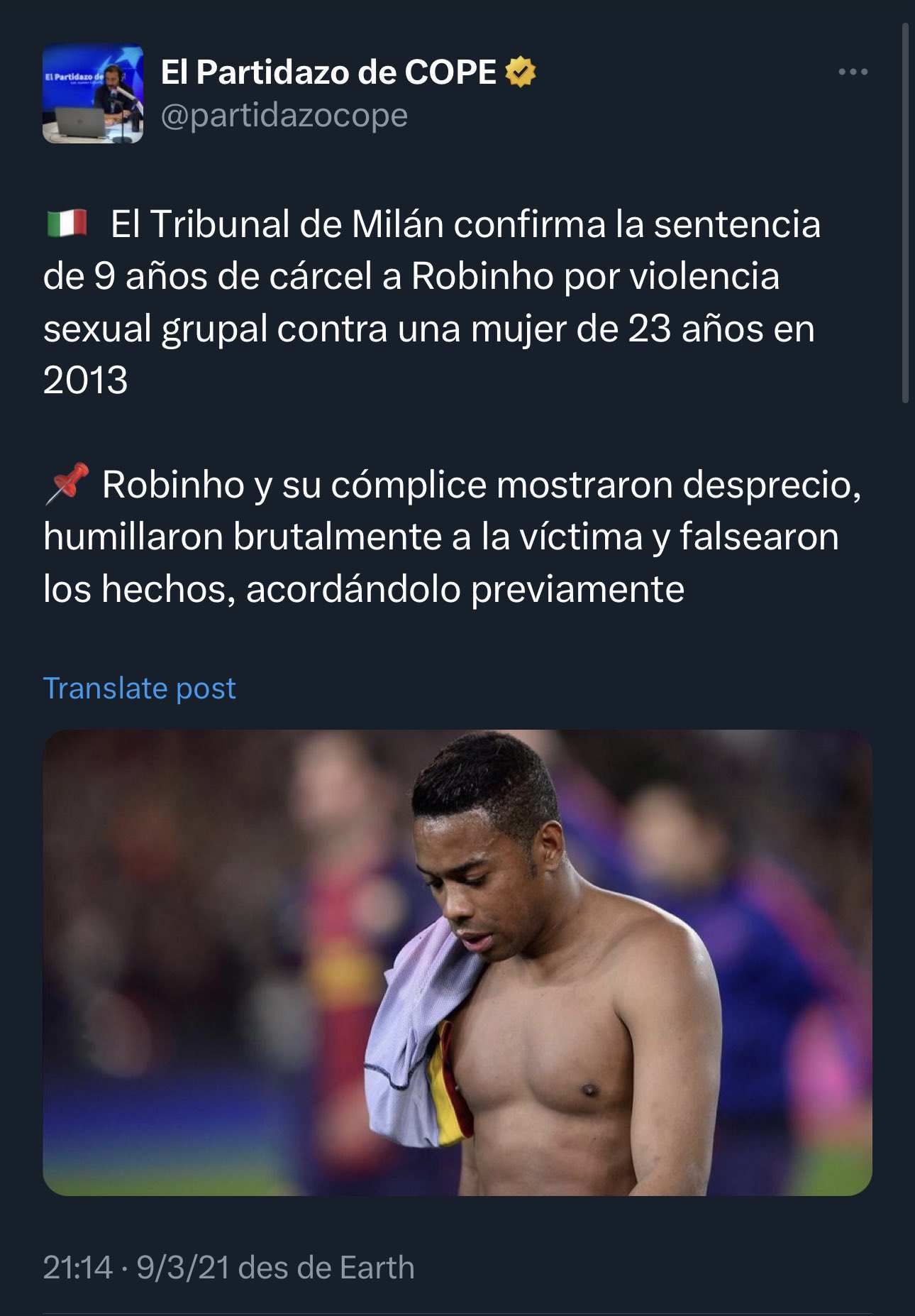 Robinho violacion Barça COPE Twitter Robinho violacion Barça COPE Twitter