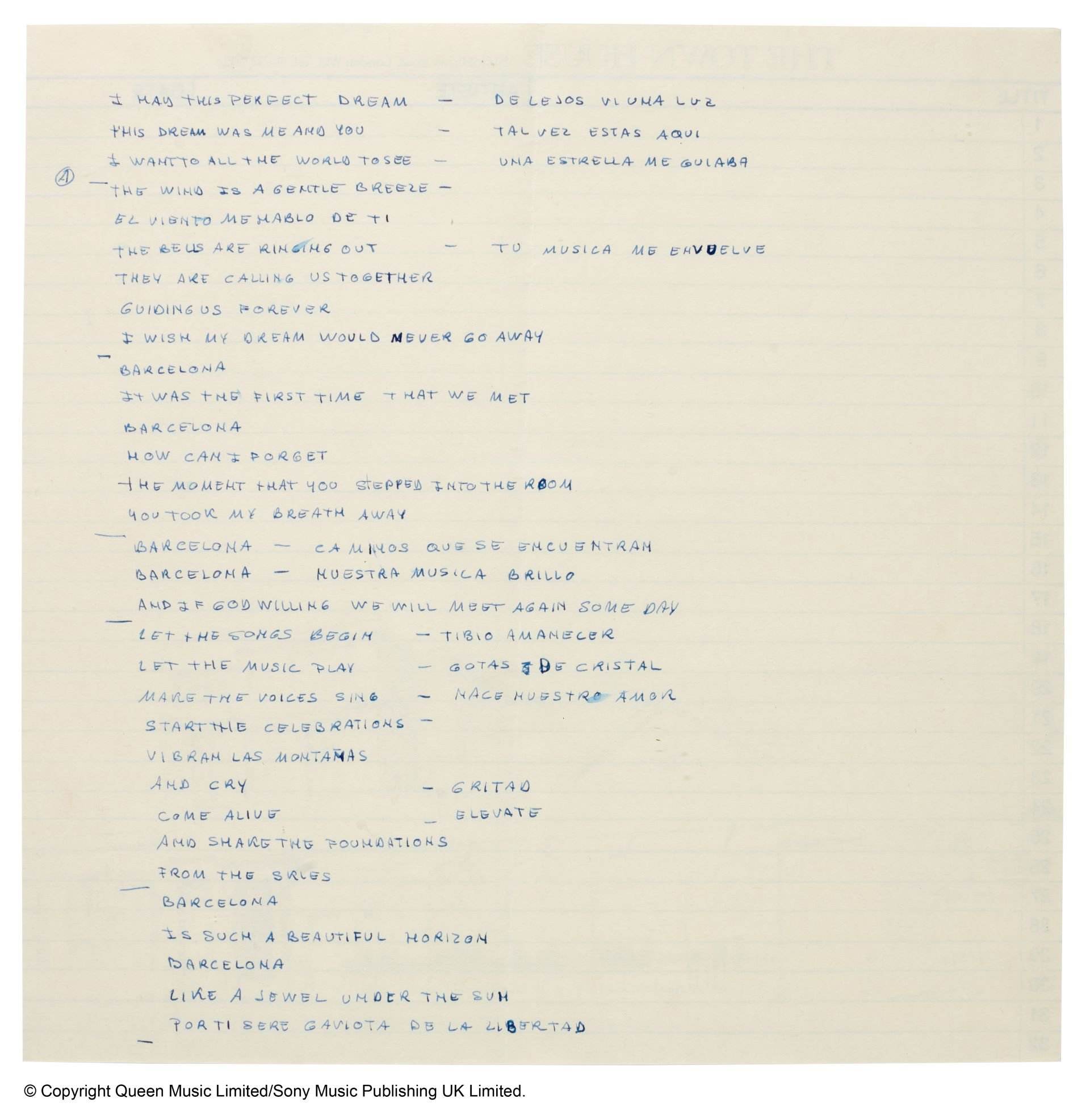 Letra manuscrito Barcelona Freddie Mercury Letra manuscrito Barcelona Freddie Mercury