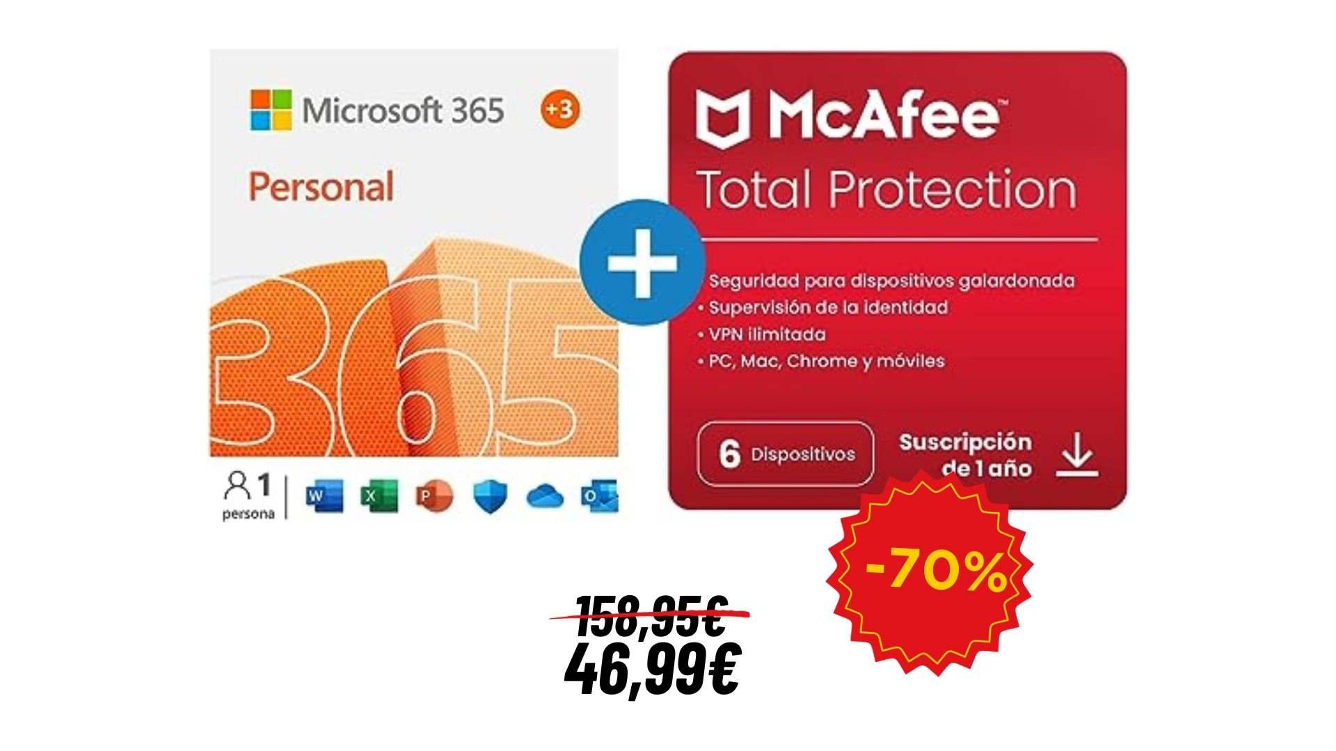 Amazon tiene el pack de Microsoft 365 + McAfee para 15 meses por 46,99 euros