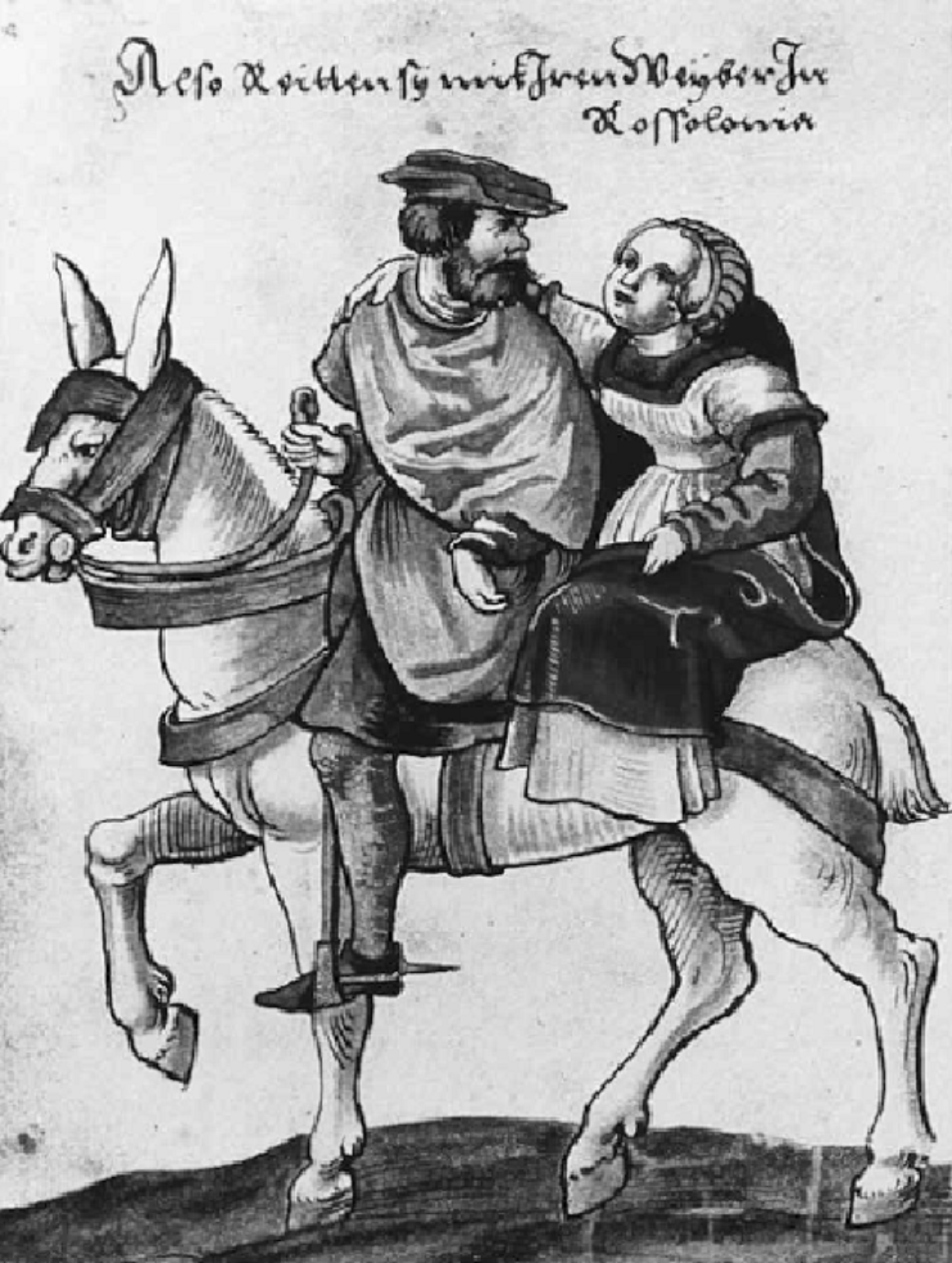 Representació d'una parella al Rosselló (1529), obra del viatger Christophe Weiditz. Font Germanische Nationalmuseum. Nuremberg