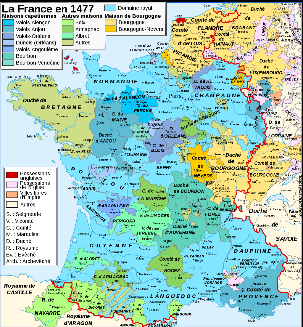 Mapa polític del regne de França a finals del segle XV. Font Cartes de France Mapa polític del regne de França a finals del segle XV. Font Cartes de France