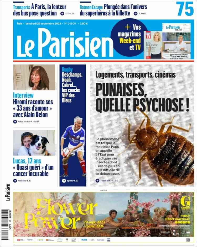 Portada Le Parisien viernes 29 septiembre, psicosis chinches
