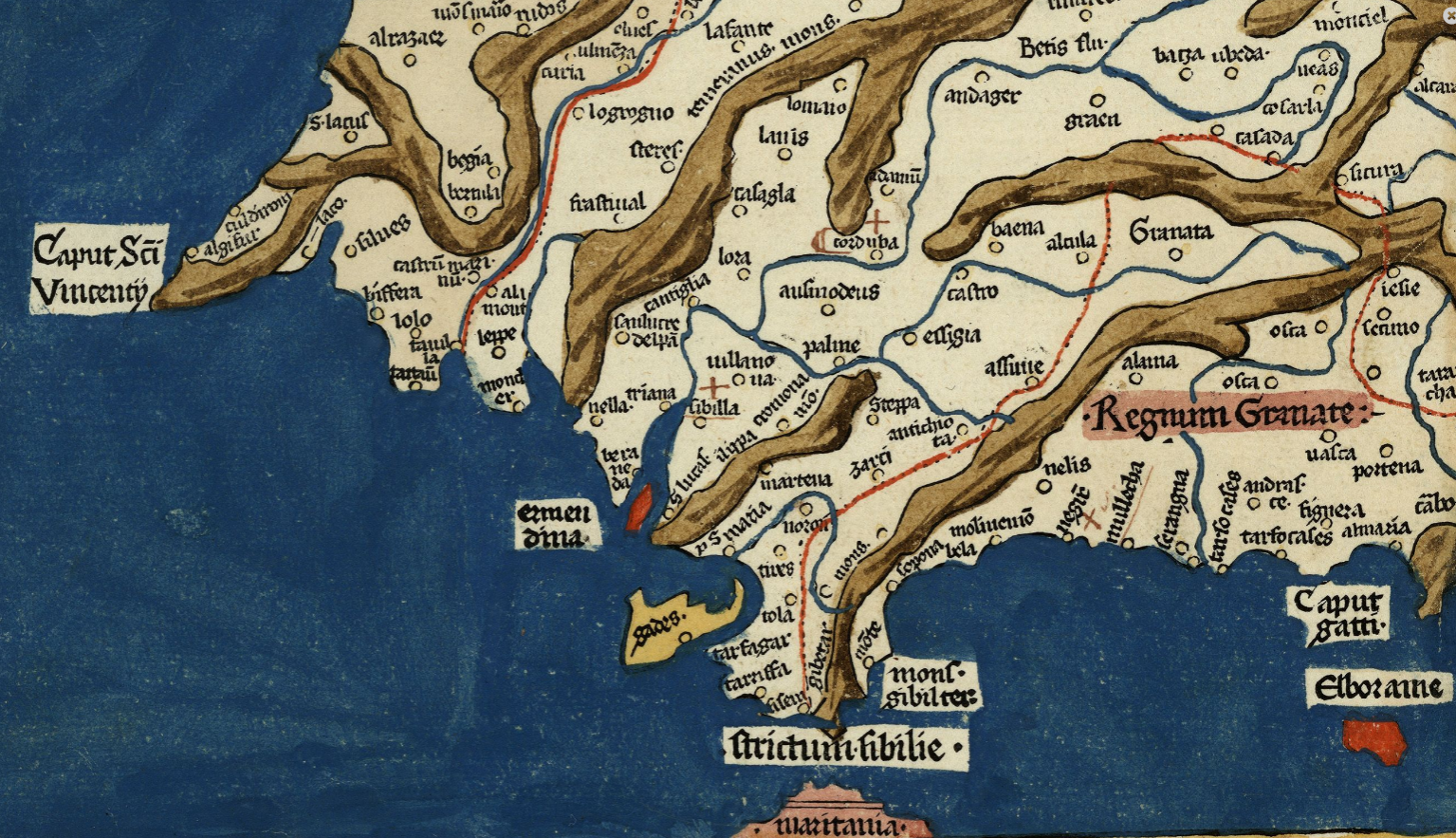 Fragment d'un mapa peninsular (1482). Granada, la Baixa Andalusia i Algarve