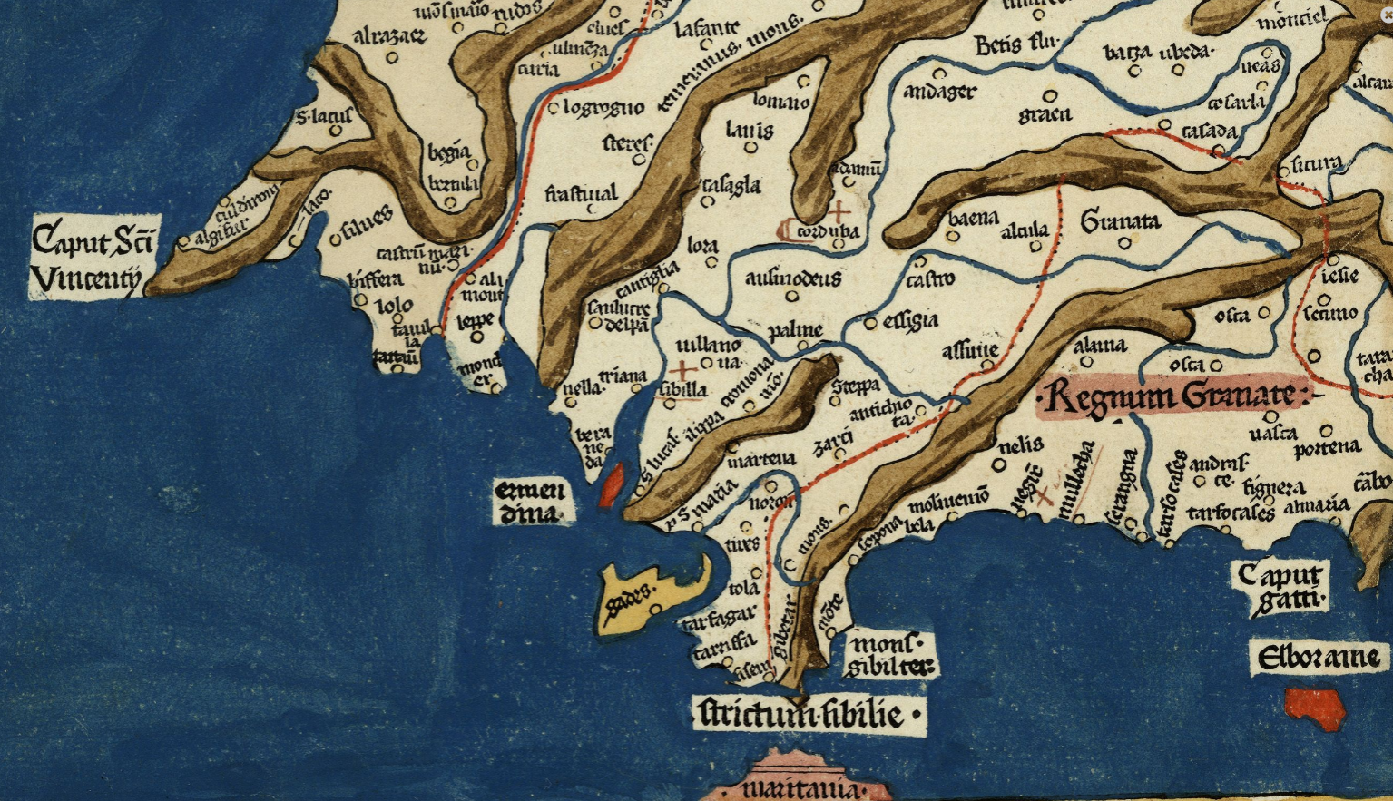 Fragmento de un mapa peninsular (1482). Granada, la Baja Andalucía y Algarve Fragmento de un mapa peninsular (1482). Granada, la Baja Andalucía y Algarve