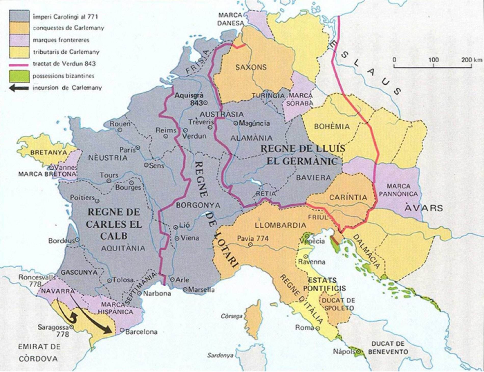 Mapa de l'Imperi carolingi i del seu trossejament en tres parts (segle IX). Font Enciclopèdia Mapa de l'Imperi carolingi i del seu trossejament en tres parts (segle IX). Font Enciclopèdia