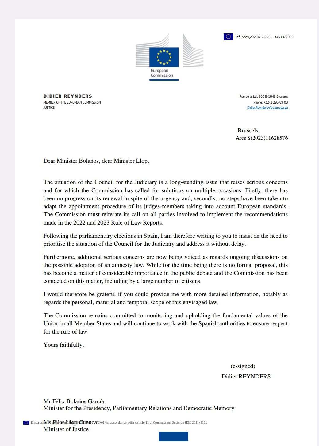 Carta Comissio Europea govern espanyol amnistia