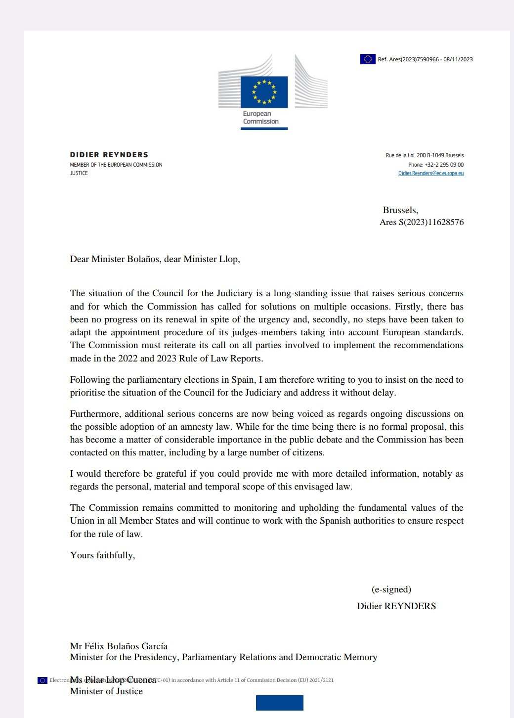 Carta Comissio Europea govern espanyol amnistia Carta Comissio Europea govern espanyol amnistia