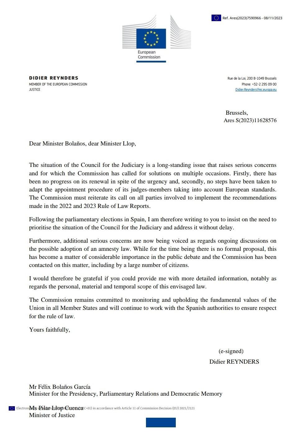 Carta Comissio Europea, Didier Reynders, govern espanyol amnistia