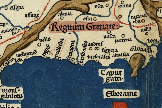 Fragment d'un mapa peninsular (1482). El regne nassarita de Granada i el mar d'Alborán. Font: Cartoteca de Catalunya Fragment d'un mapa peninsular (1482). El regne nassarita de Granada i el mar d'Alborán. Font: Cartoteca de Catalunya