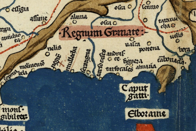 Fragmento de un mapa peninsular (1482). El reino nazarí de Granada y el mar de Alborán. Fuente: Cartoteca de Catalunya