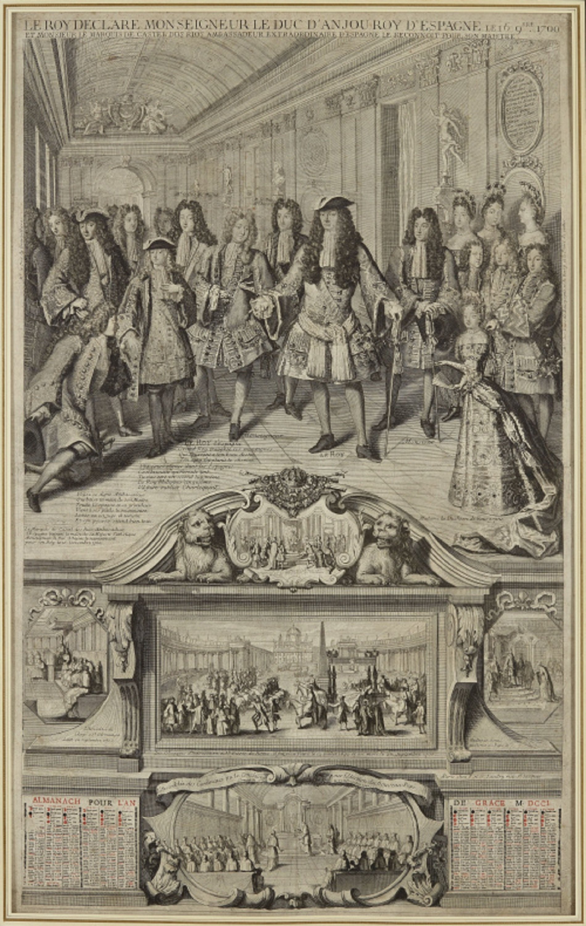 Almanac francès de 1701. Le Roi declare mon seigneur le duc d'Anjou roy d'Espagne. Font Museu Carnavalet. París