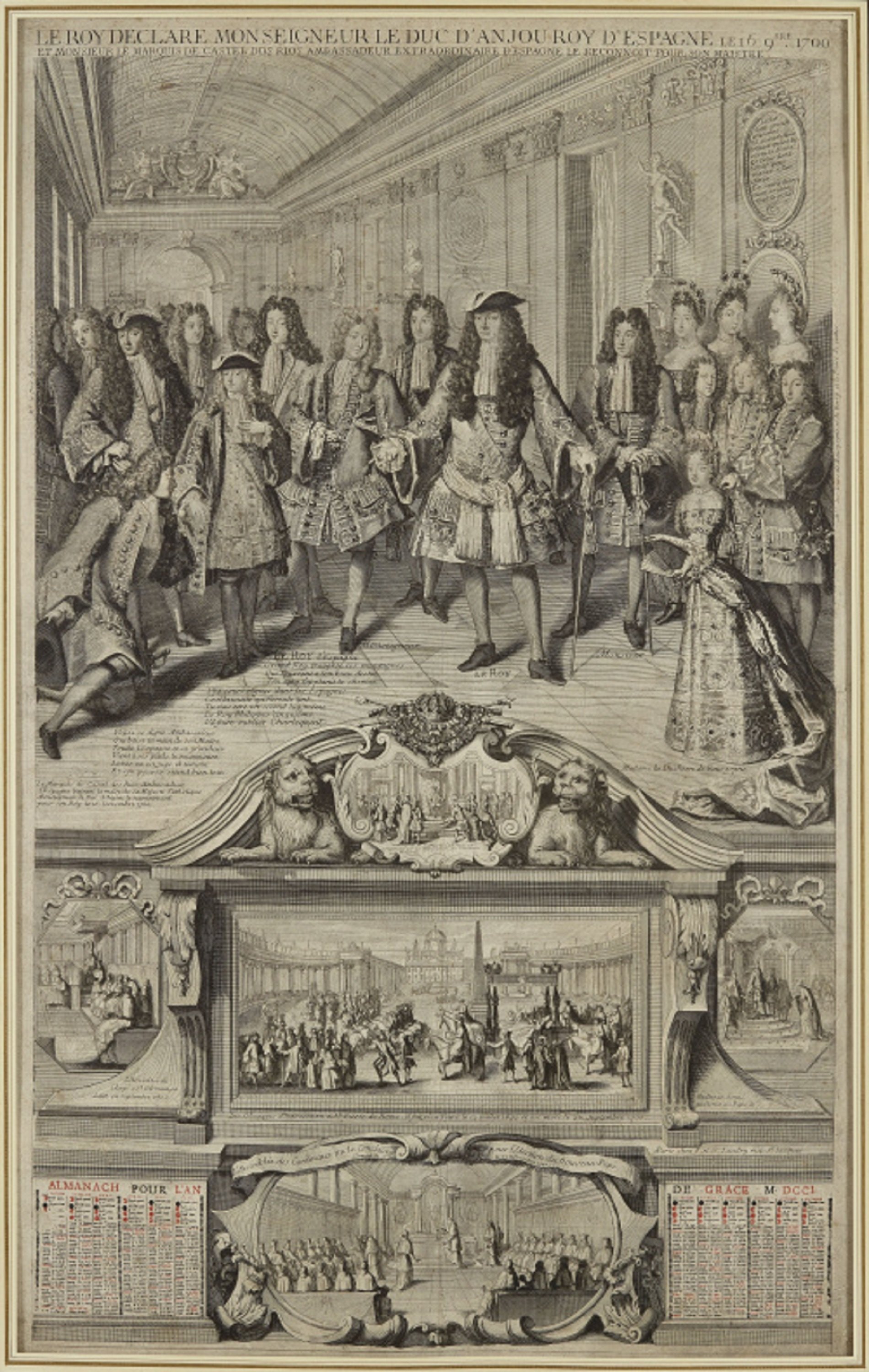 Almanaque francés de 1701. Le Roi declare mi seigneur le duque de Anjou roy de Espagne. Fuente Museo Carnavalet. París