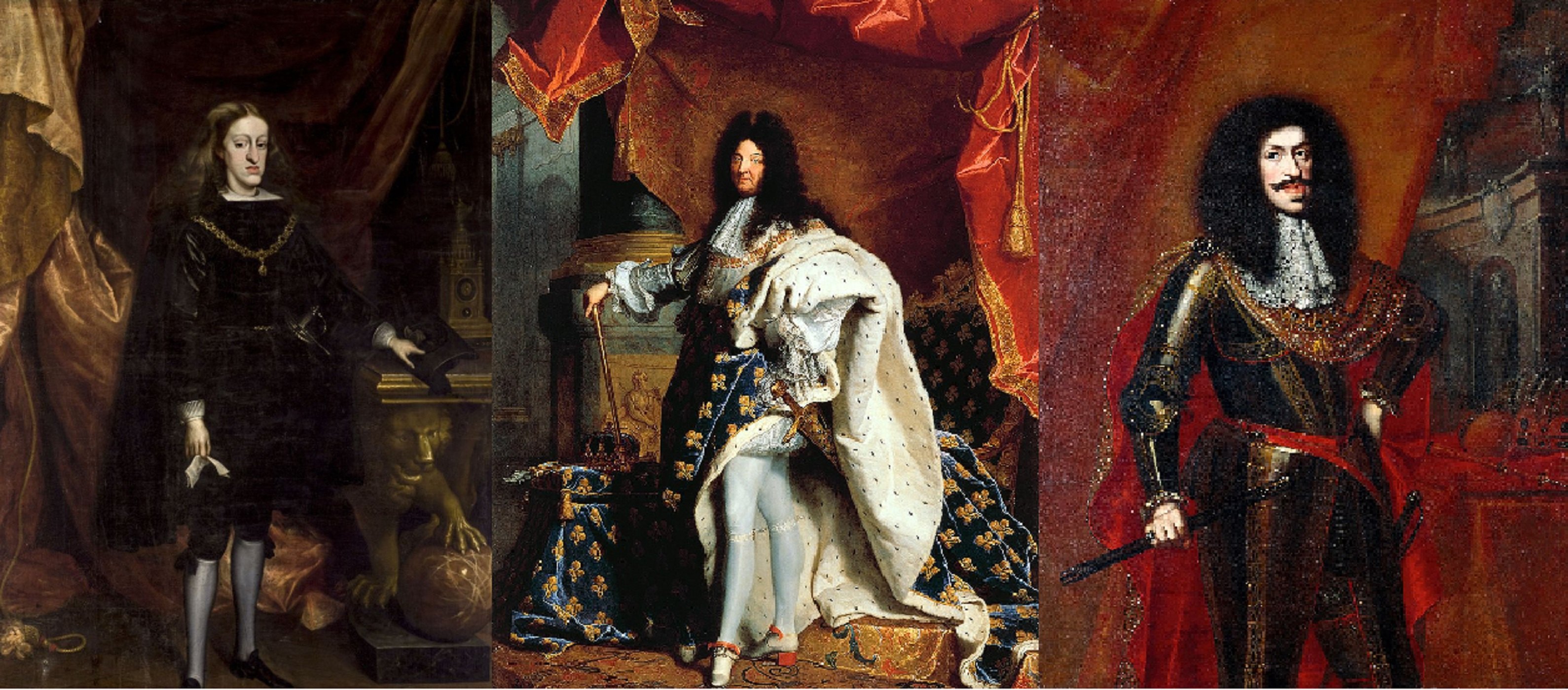 Carlos II de las Españas, Luis XIV de frança y Leopold I de Âustria. Fuente Museos del Prado Madrid, del Louvre Paris y del Arte Viena 