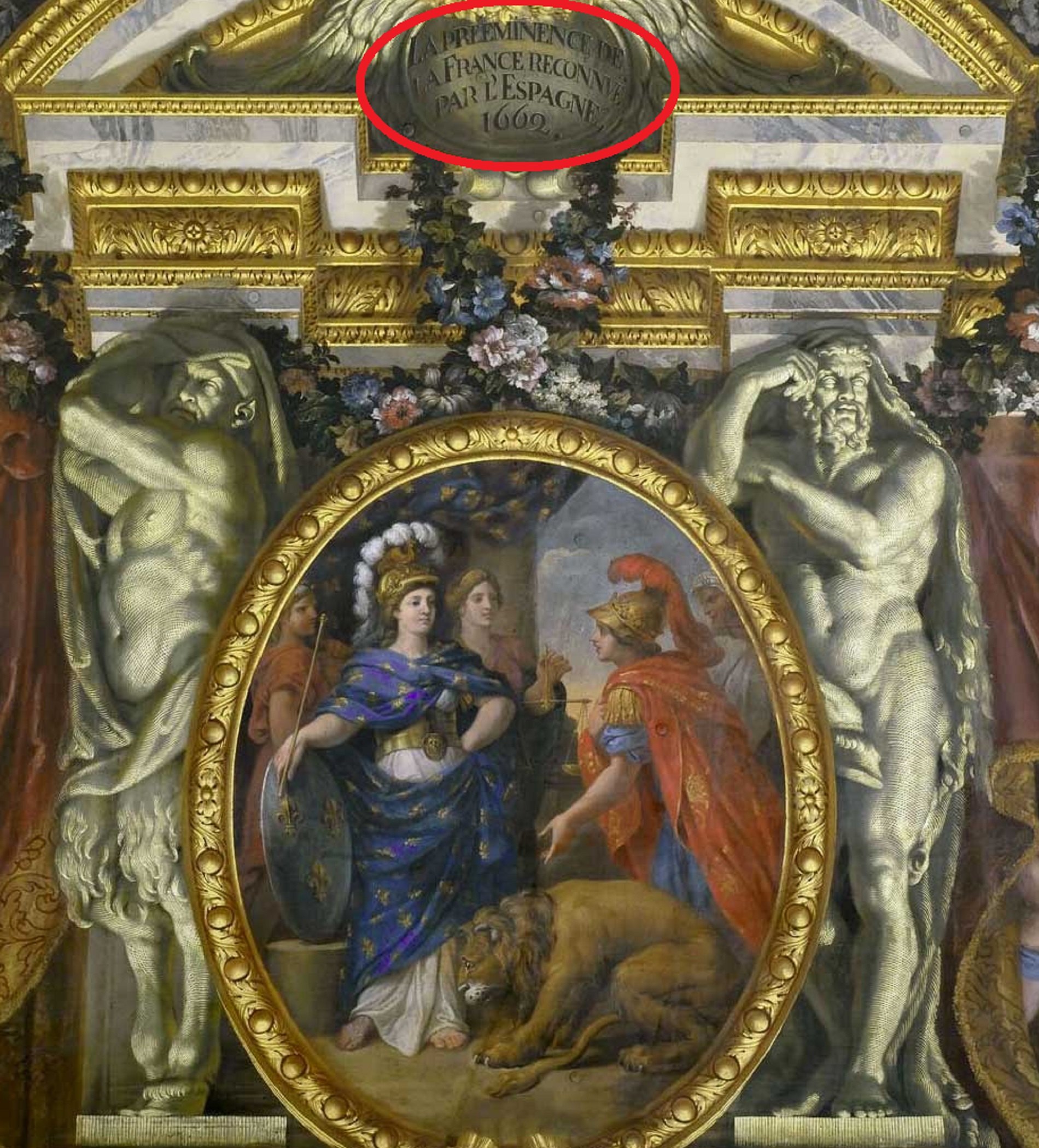 Medallón del frontón de una fornicula con la inscripción La preeminence de la France reconnue par el Espagne 1662. Fuente Castillo de Versalles Medallón del frontón de una fornicula con la inscripción La preeminence de la France reconnue par el Espagne 1662. Fuente Castillo de Versalles