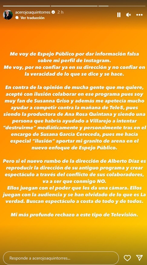 Comunicado de Joaquín Torres en Instagram