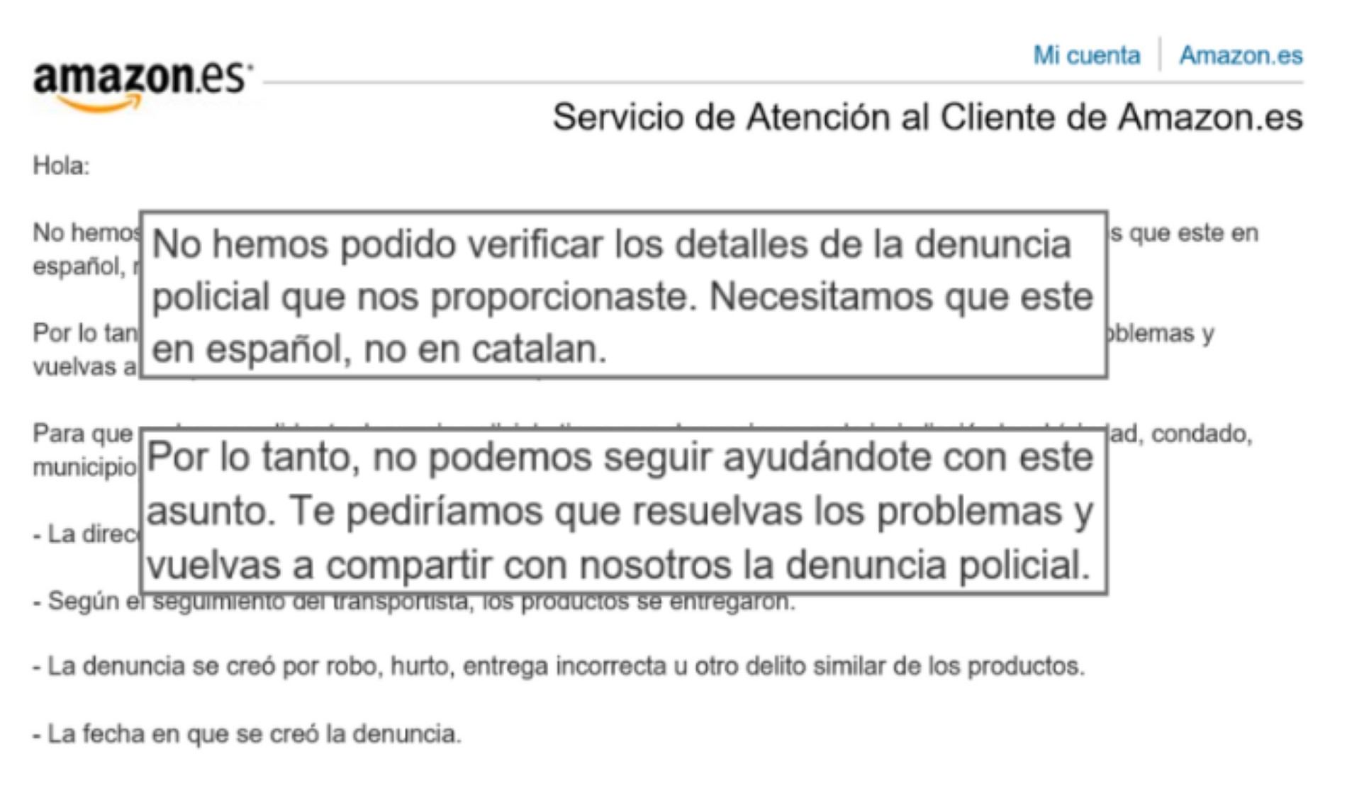 Amazon rechaza denuncia policial cliente catala / Plataforma Lengua