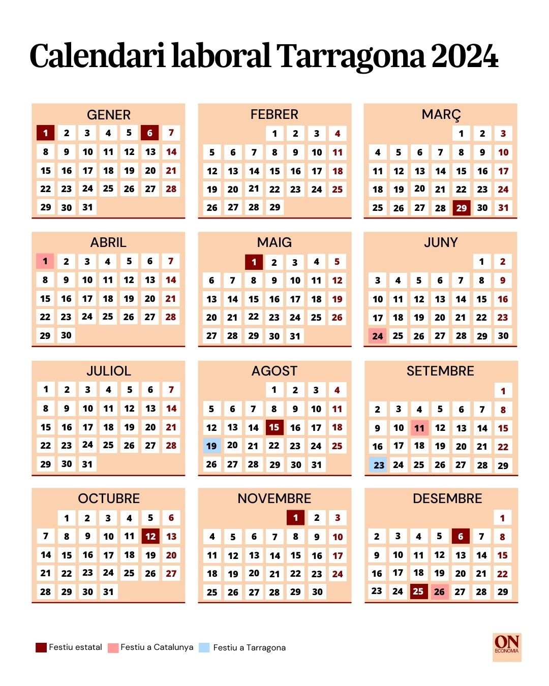 Calendari laboral de Tarragona 2024 Ponts i Festius