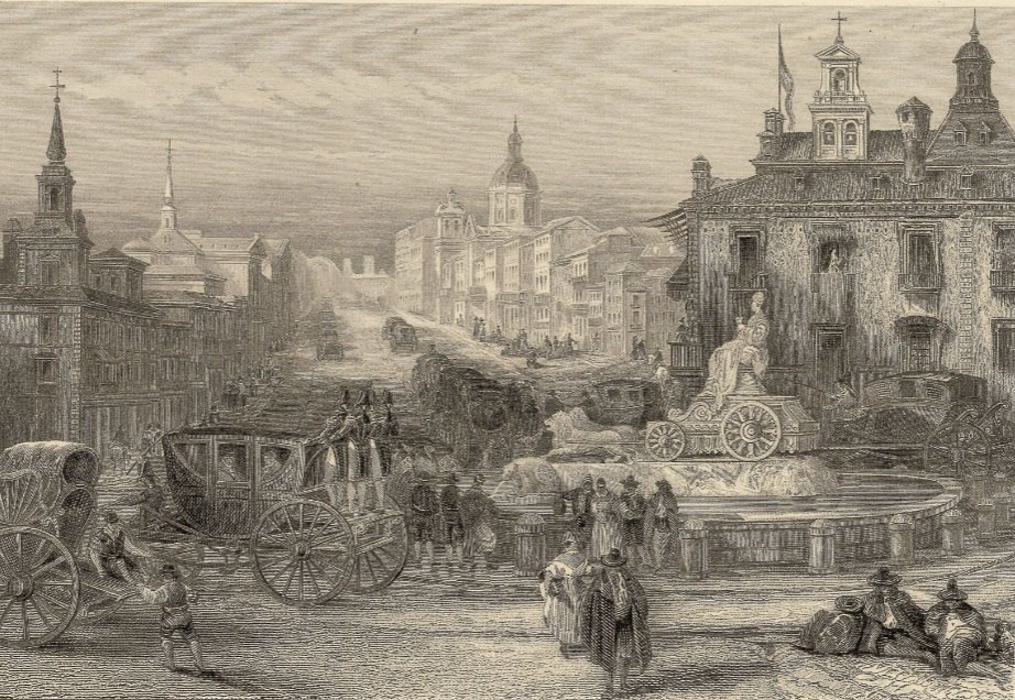 Madrid (1800). La fuente de Cibeles y la puerta de Alcalà en el fondo. Fuente Cartoteca de Catalunya