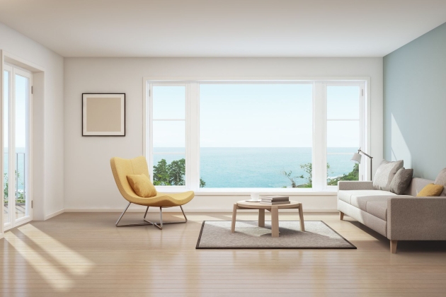 3d rendering of scandinavian sea view living room in luxury house 3d rendering of scandinavian sea view living room in luxury house