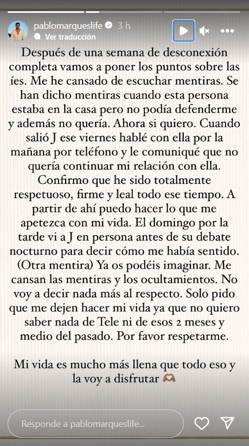 Comunicado de Pablo Marqués vía 'stories'. / Instagram Comunicado de Pablo Marqués vía 'stories'. / Instagram