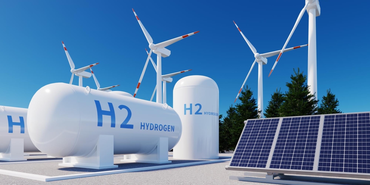 panells solars tanc hidrogeno h2 turbines energia eolica representacion 3d