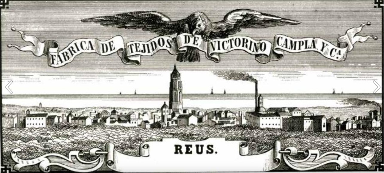 Grabado de Reus (siglo XIX). Publicidad de la fábrica Camplà. Fuente Centro Municipal de la Imagen Mas Iglesias. Reus