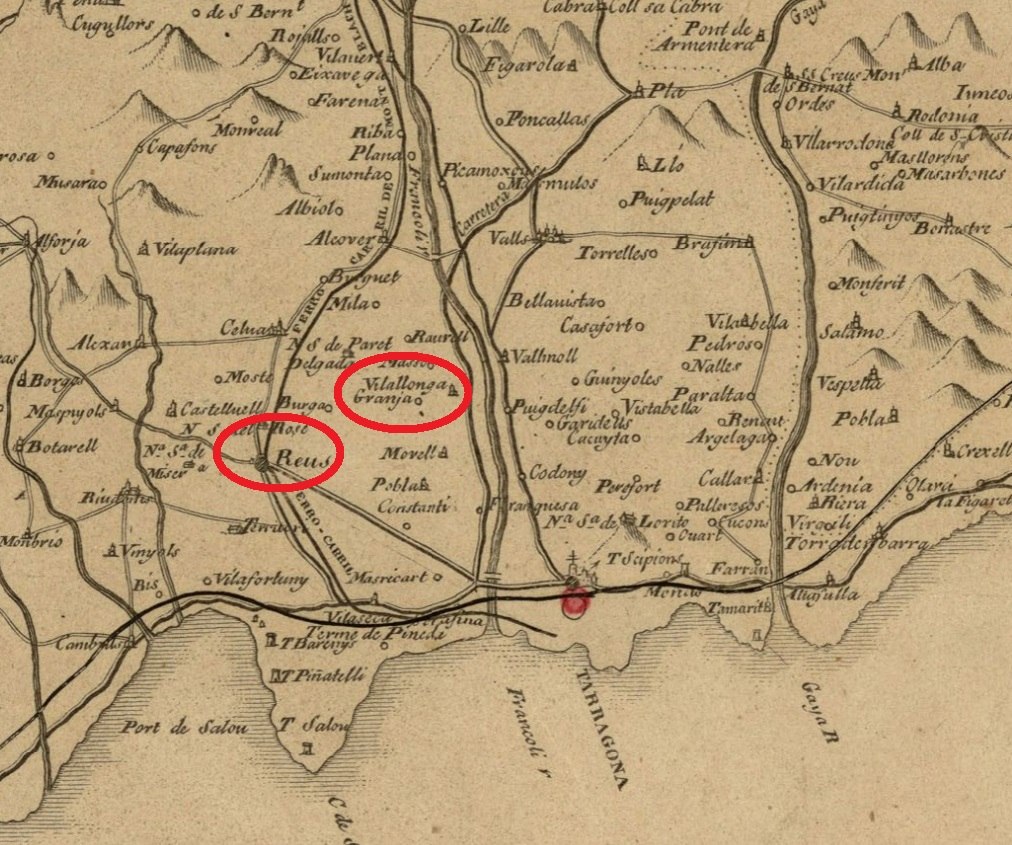 Fragment d'un mapa de Catalunya (1835). El Camp de Tarragona. Font Cartoteca de Catalunya Fragment d'un mapa de Catalunya (1835). El Camp de Tarragona. Font Cartoteca de Catalunya