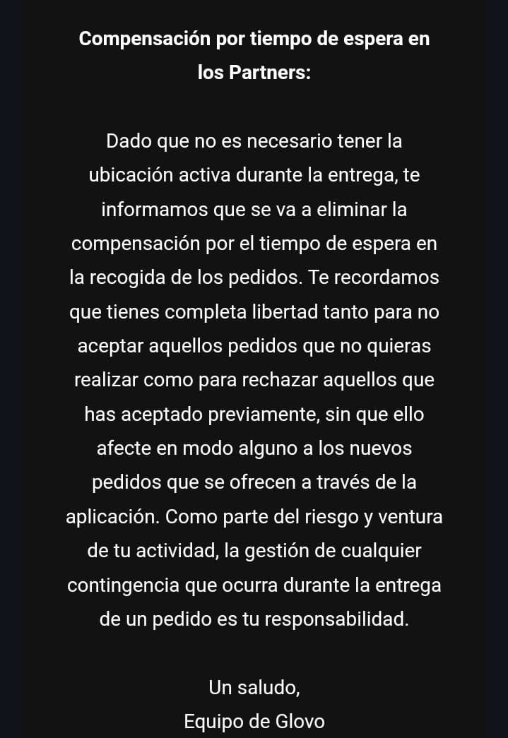 Comunicado emitido por Glovo Comunicado emitido por Glovo