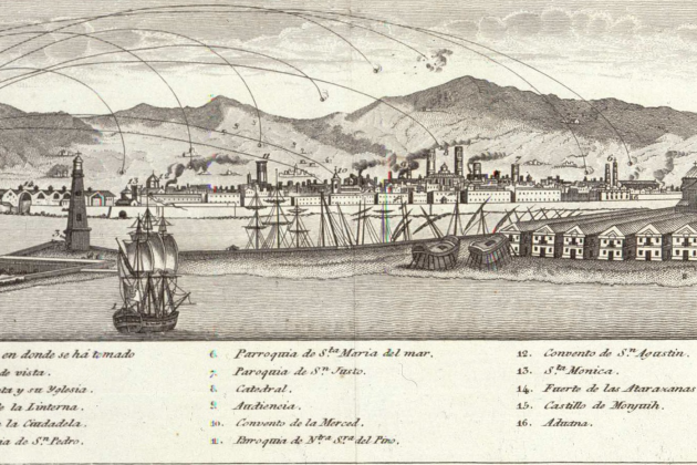 Grabado del Bombardeo de 1842 sobre Barcelona, obra de Domènec Estruch.