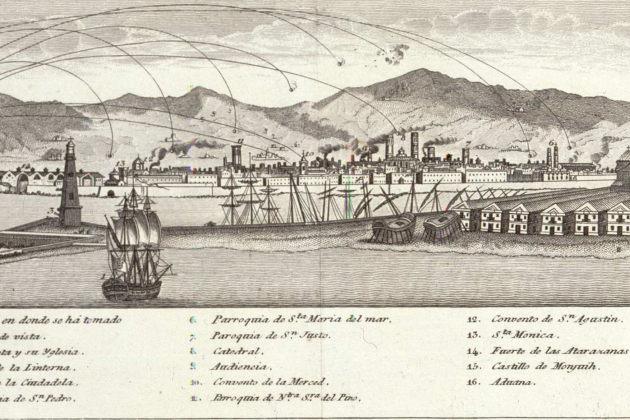 Gravat del Bombardeig de 1842 sobre Barcelona, obra de Domènec Estruch. Gravat del Bombardeig de 1842 sobre Barcelona, obra de Domènec Estruch.