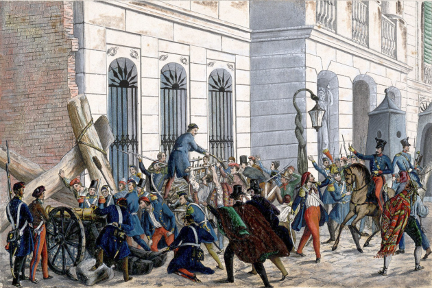 Representació de l'inici de la revolta (13 11 1842). Plaça Sant Jaume. Els milicians es posen al costat del poble. Font: Arxiu Històric de Barcelona
