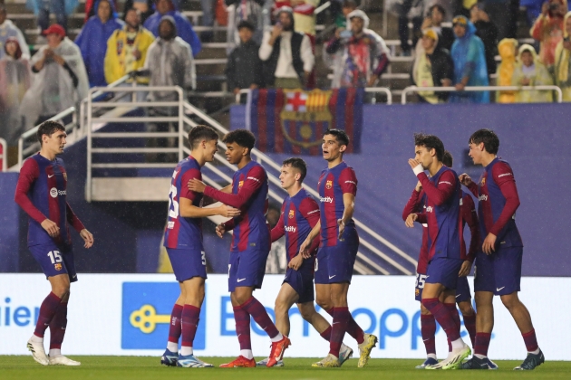 El Barça celebra el gol de Lamine Yamal contra l'Amèrica / Foto: EFE