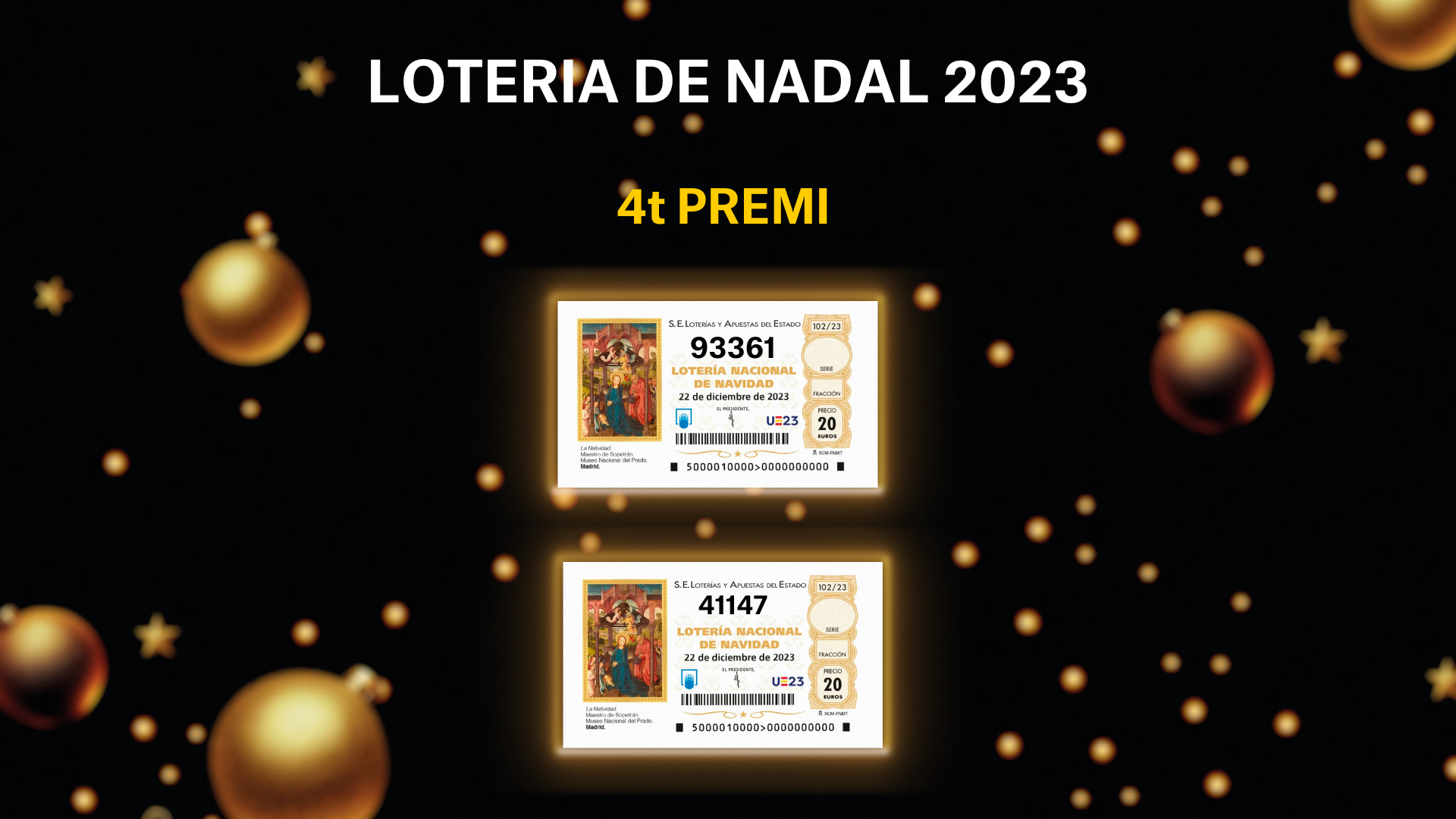 Cuarto premio de la Lotería de Navidad 2023: 93361 i 41147