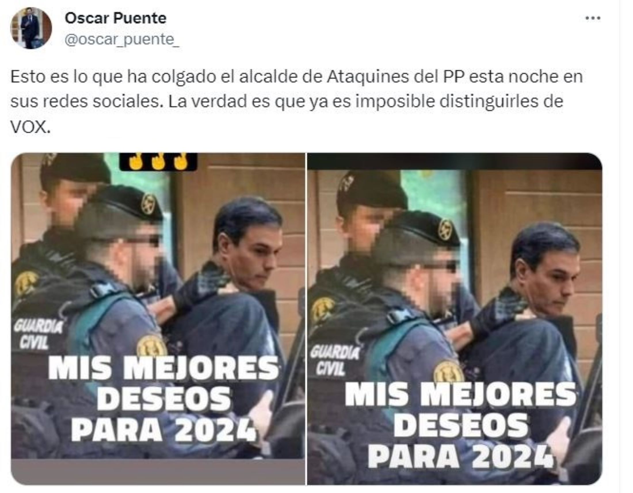 Un alcalde del PP publica un 'meme' donde 'desea' la detención de Pedro Sánchez este 2024