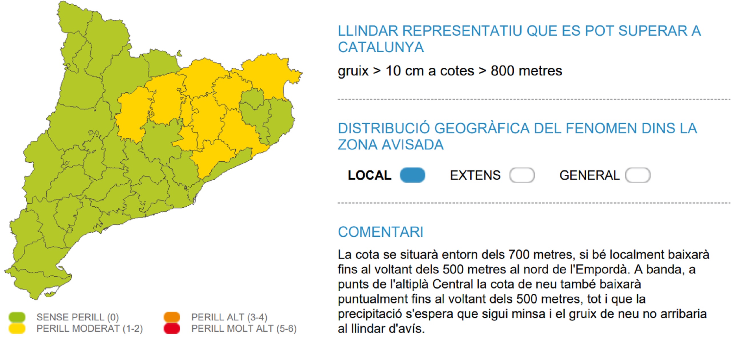 Mapa peligro nieve cotas bajas jueves, 11 de enero del 2024 Meteocat