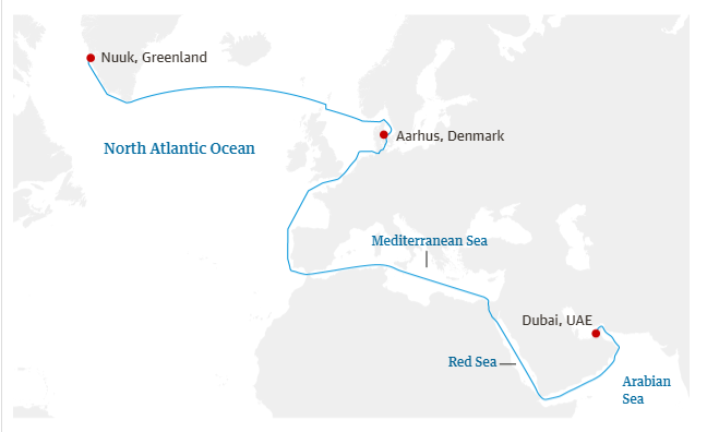 Ruta de los barcos que exportan el hielo|gel a los EAU / Fuente: The Guardian Ruta de los barcos que exportan el hielo|gel a los EAU / Fuente: The Guardian