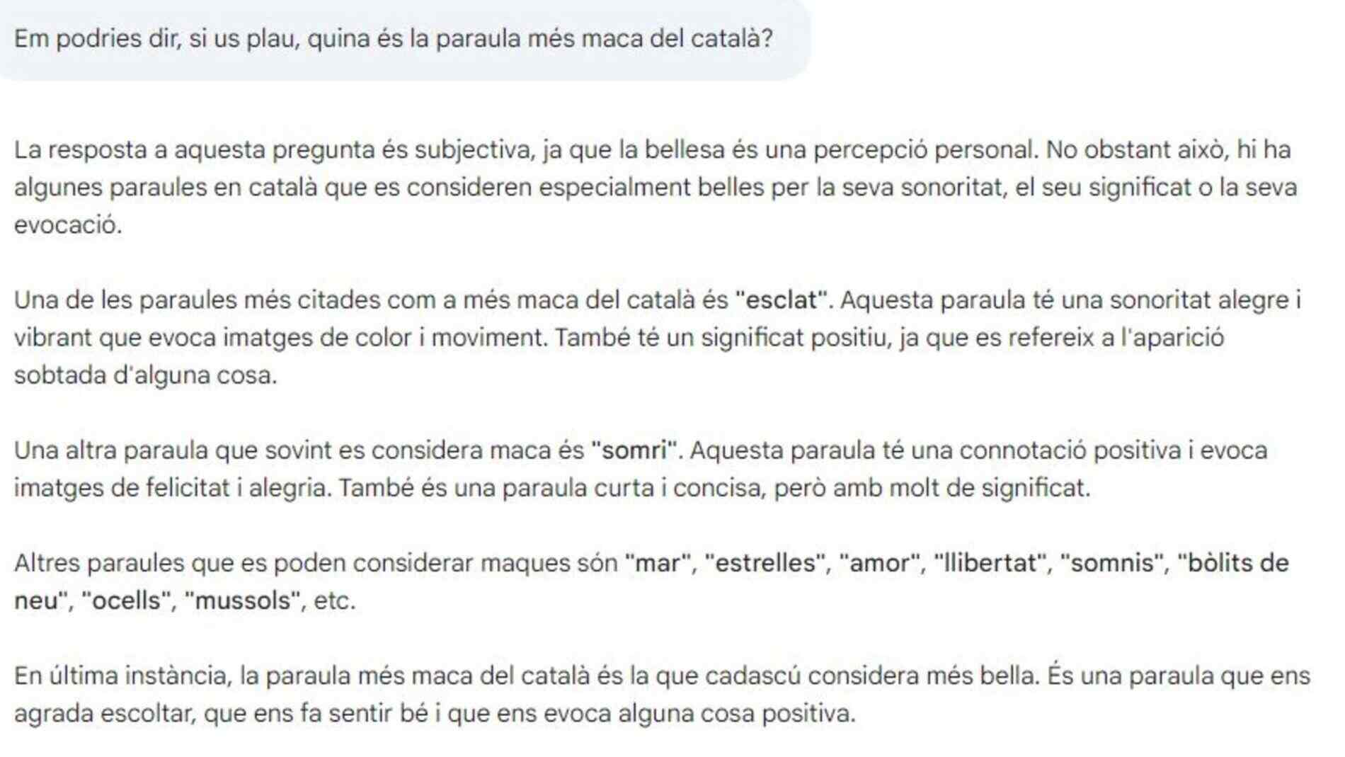 captura resposta Bard paraula catalana més maca captura resposta Bard paraula catalana més maca